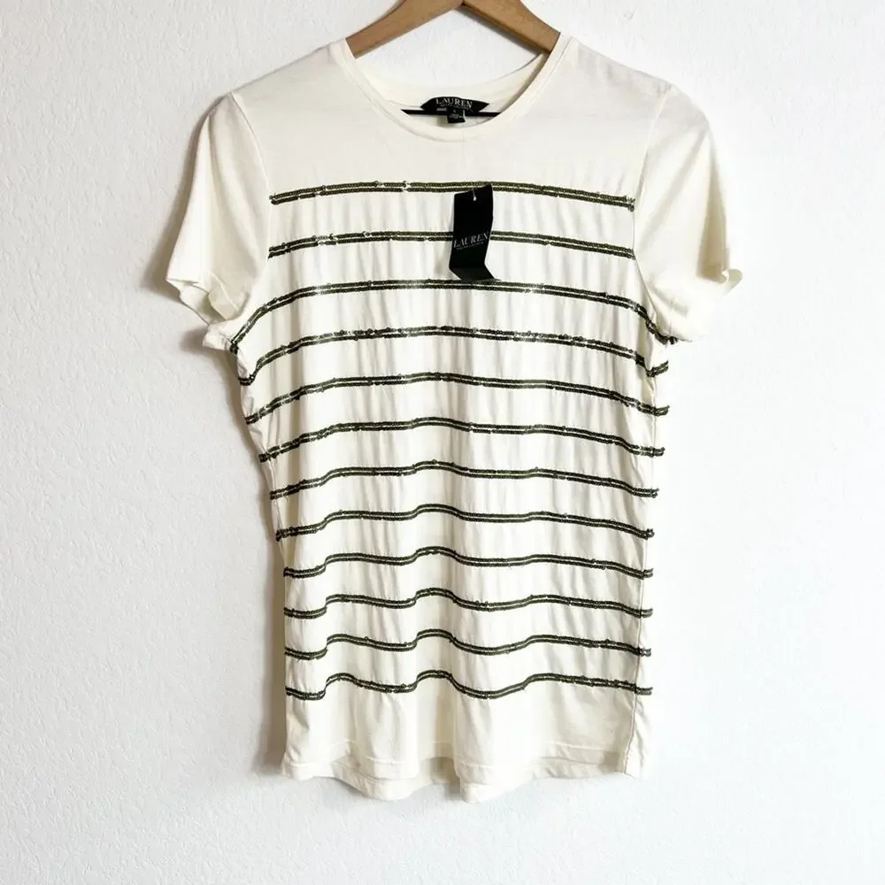 LAUREN RALPH LAUREN CREAM GREEN SEQUIN WOMEN SHORT SLEEVE TOP BRAND NEW - Picture 2 of 6